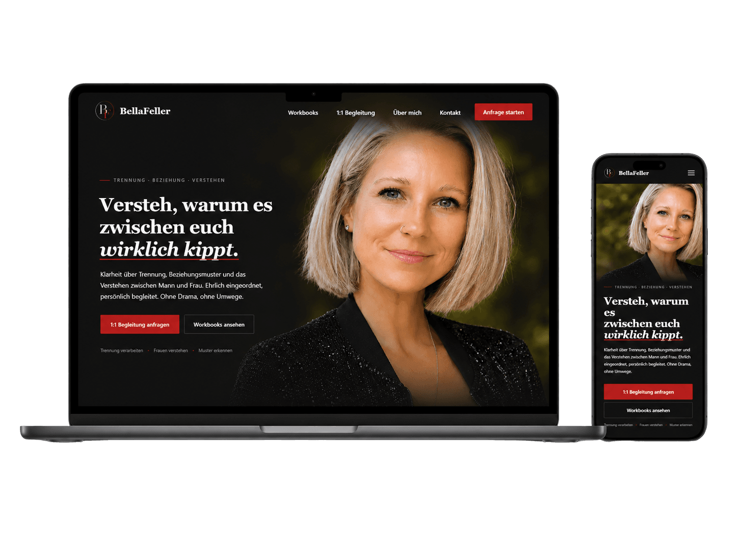 Webdesign für BellaFeller Coaching mit Laptop- und Smartphone-Ansicht der Website für Trennungsverarbeitung, Beziehung und Workbooks.